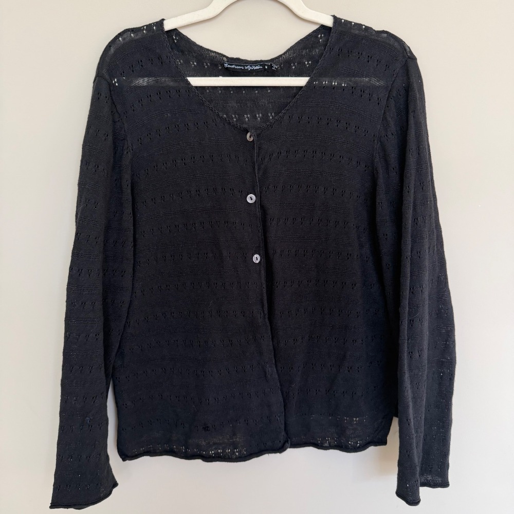 Gundrun Sjoden Black Pointelle Knit Cardigan M 100% Linen Button Front